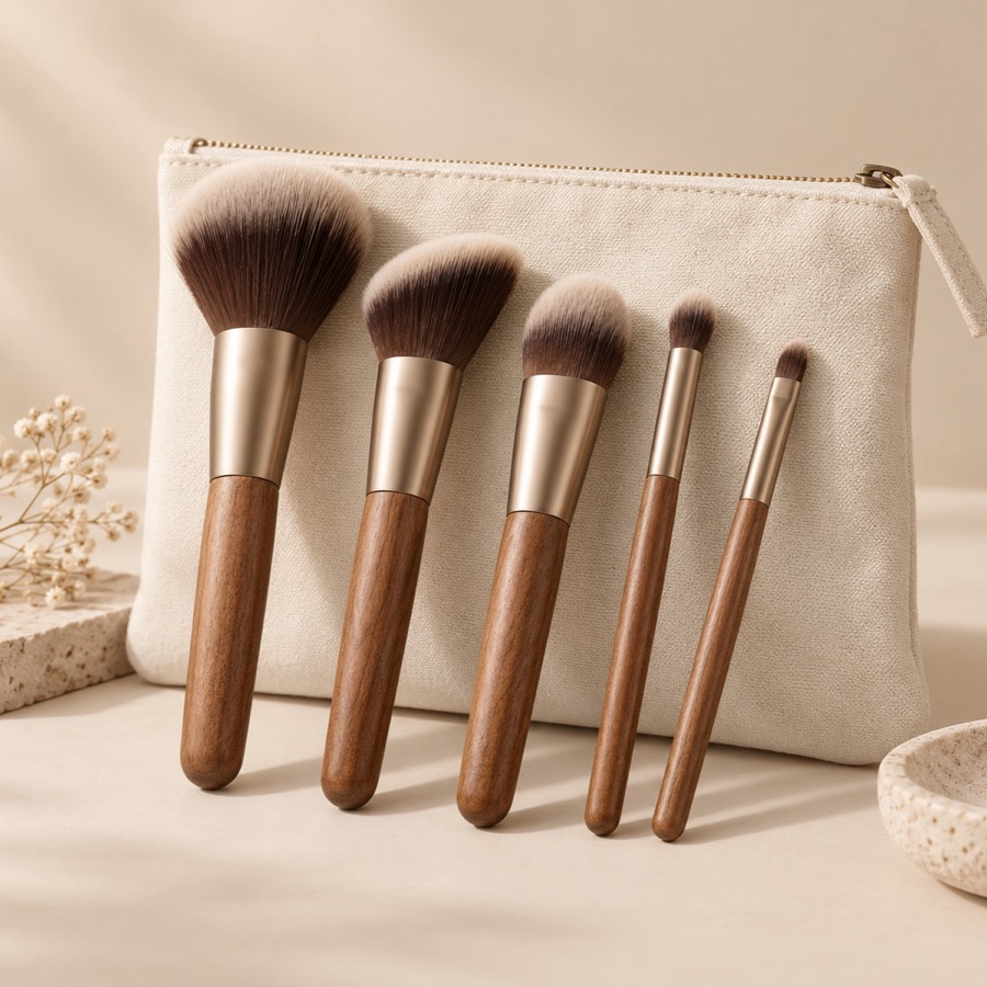 Five makeup brushes in a canvas pouch